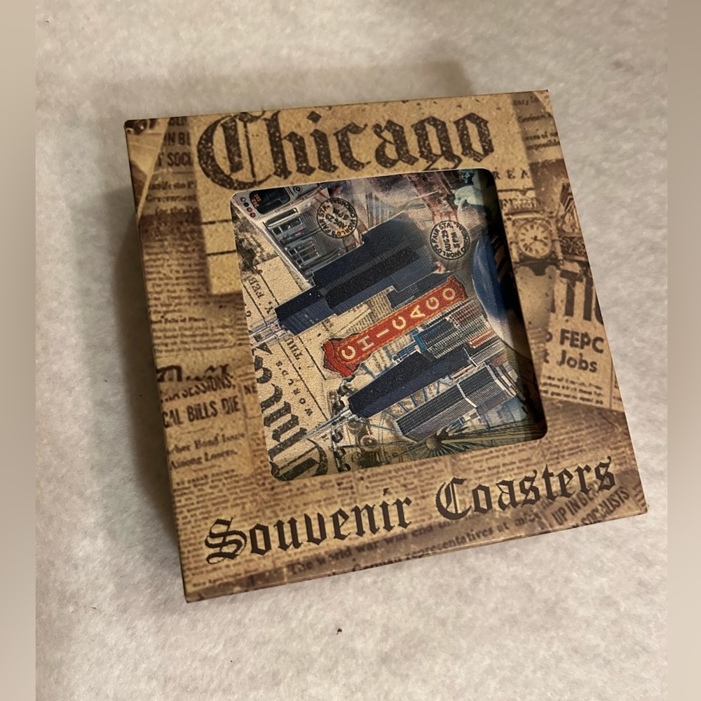 New In Box Chicago Coaters made of absorbent thirsty stone with a cork backing.